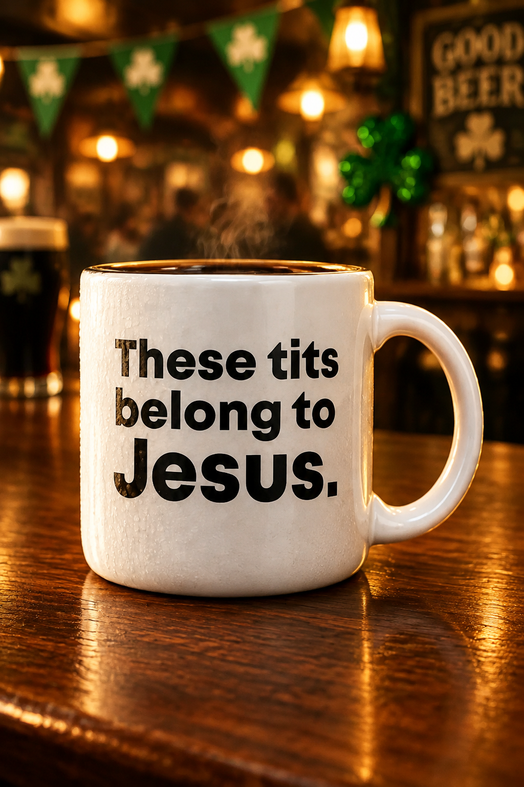 Coffee mug printed with “These tits belong to Jesus.”, additional view