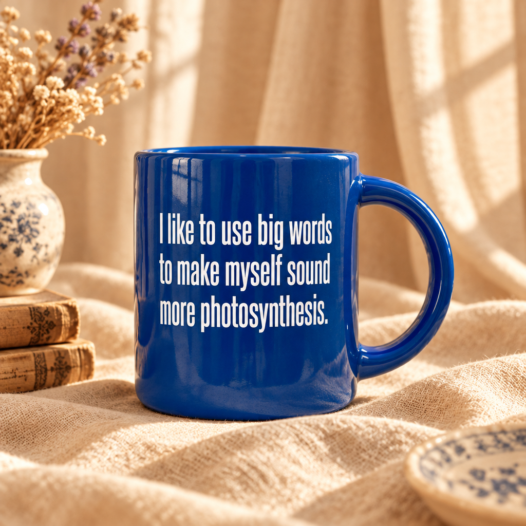 A bright blue ceramic mug with white text reading 'I like to use big words to make myself sound more photosynthesis.' sits on a beige fabric surface with dried flowers, books, and soft window-light curtains in the background.