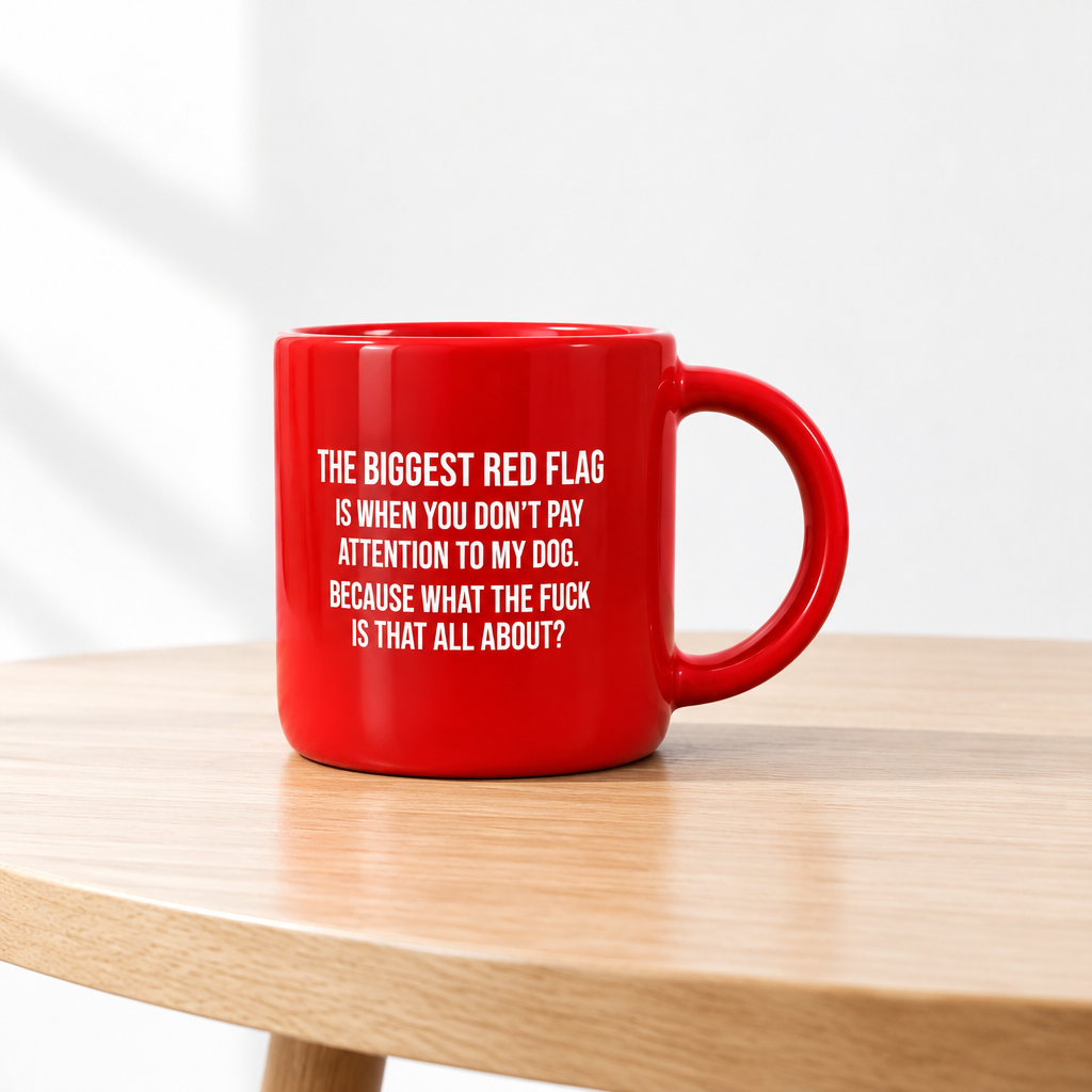 A bright red ceramic mug with white printed text sits on a light wood table against a white wall.