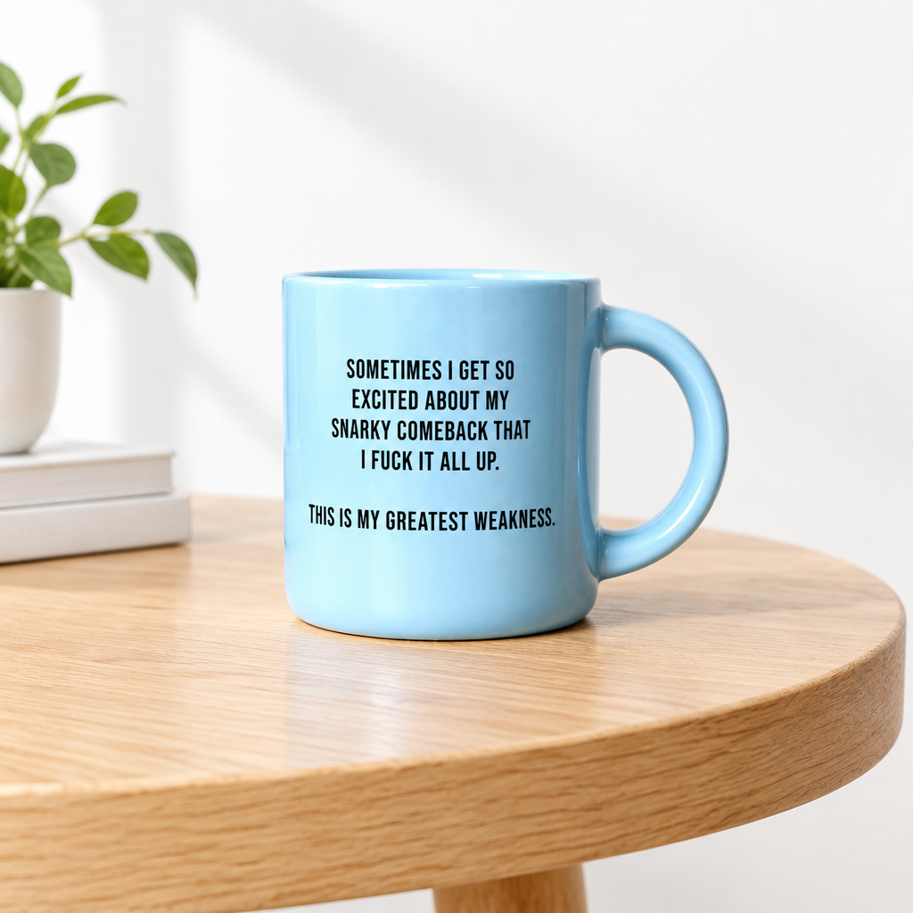 A light blue ceramic mug with black printed text sits on a round wooden table in a bright indoor setting. A small potted plant and stacked books are visible in the background.