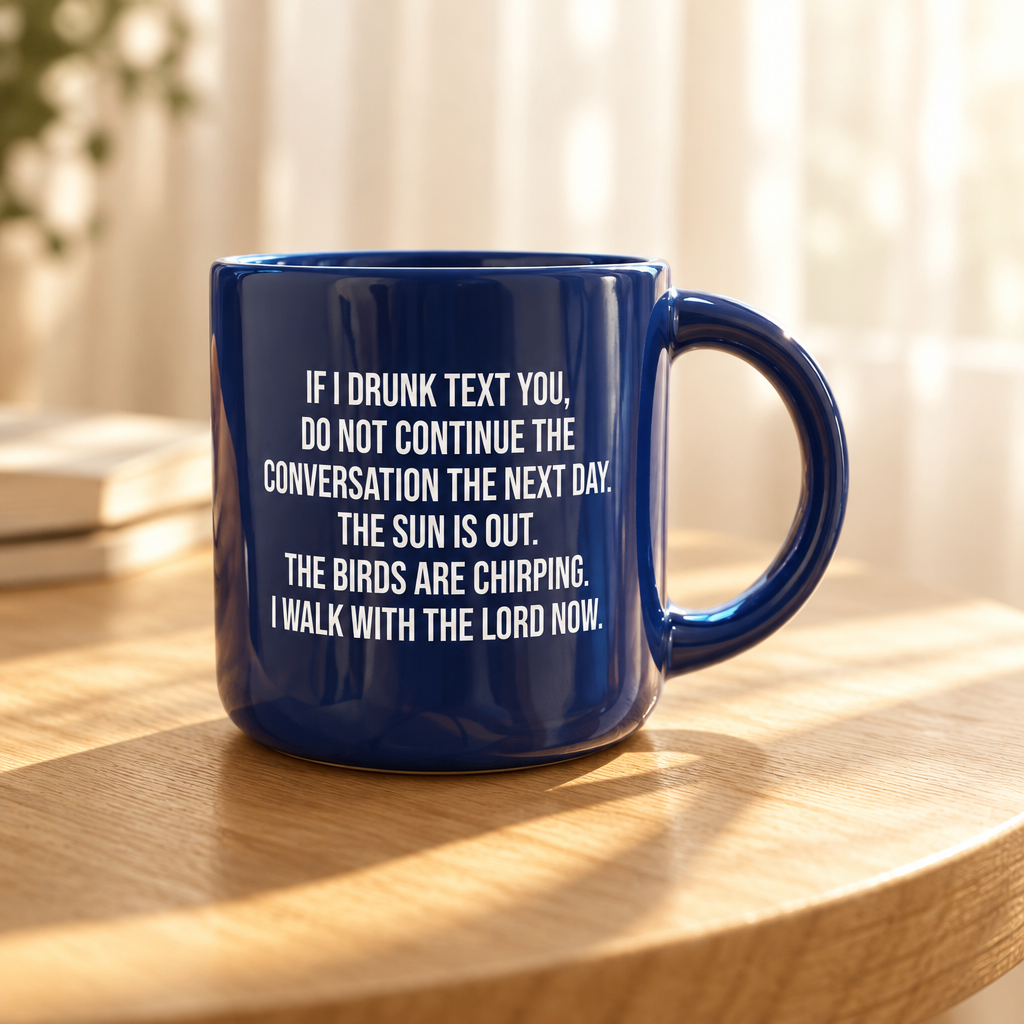 Cobalt blue ceramic coffee mug printed with “If I drunk text you, do not continue the conversation the next day. The sun is out. The birds are chirping. I walk with the Lord now.”