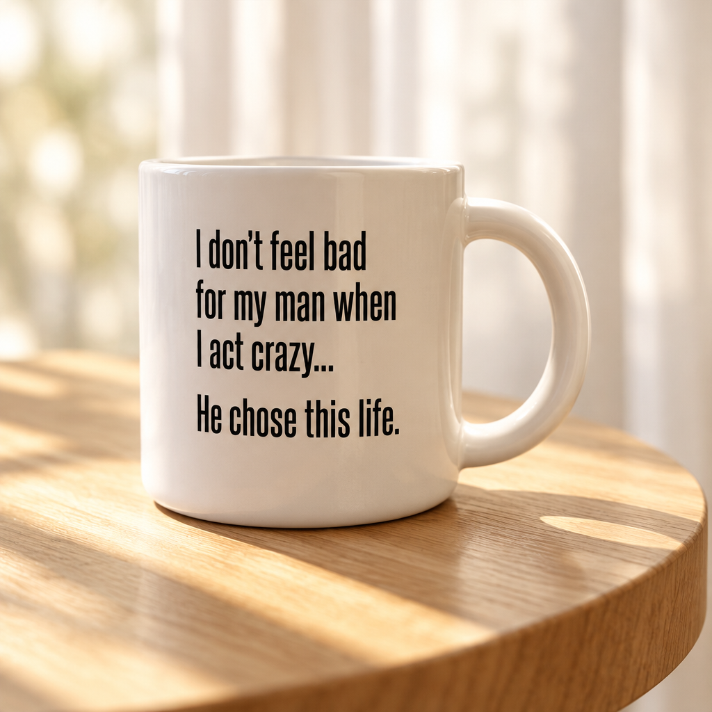 A white ceramic mug with black printed text sits on a round wooden table in warm sunlight, with a softly blurred indoor background.