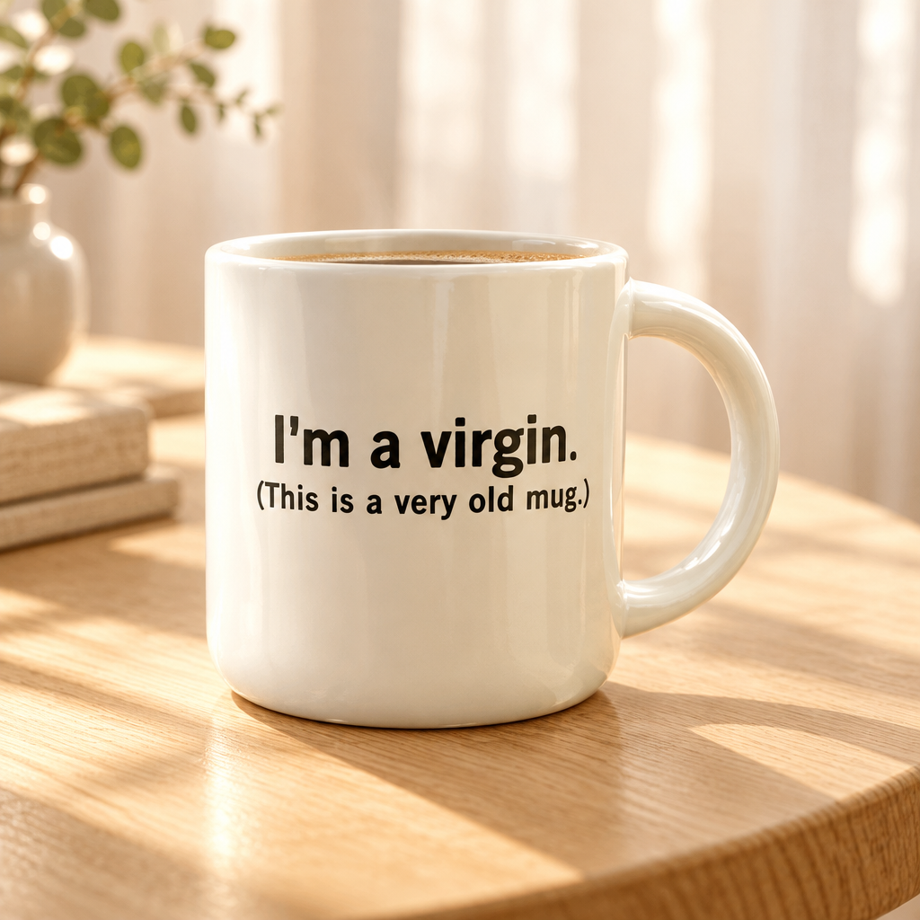 A white ceramic mug with black printed text reading 'I'm a virgin. (This is a very old mug.