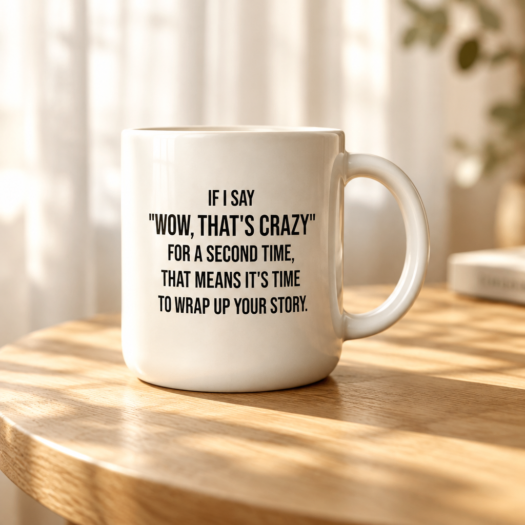 A white ceramic mug with black printed text sits on a wooden table in a softly lit room with curtains and blurred plants in the background.