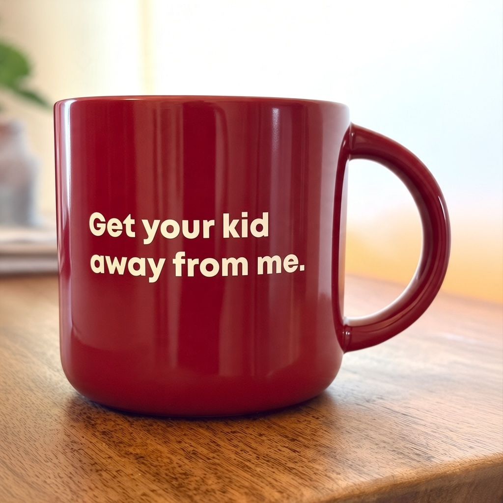 Coffee mug printed with “Get your kid away from me.”