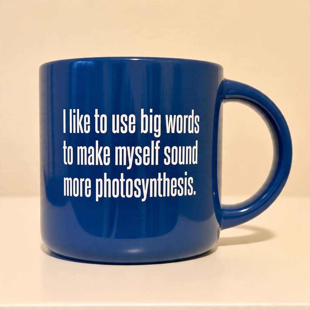 A glossy cobalt blue ceramic mug with white printed text that reads, 'I like to use big words to make myself sound more photosynthesis.' The mug is shown on a plain, warm off-white surface with a matching background.