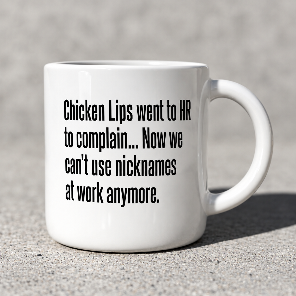 Coffee mug printed with “Chicken Lips went to HR to complain. Now we can't use nicknames at work anymore.”, additional view