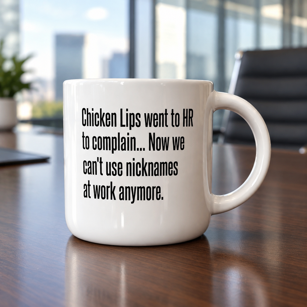 Coffee mug printed with “Chicken Lips went to HR to complain. Now we can't use nicknames at work anymore.”