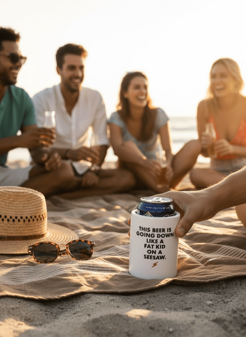 Fat kid on a seesaw... Vintage Beer Koozie - M E R I W E T H E R
