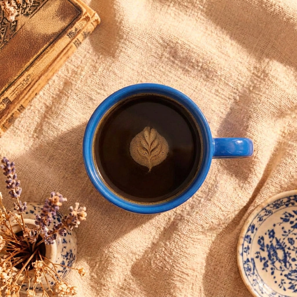 A blue ceramic mug filled with black coffee sits on a beige linen cloth, with a leaf latte art design visible on the surface. The scene includes a matching blue-and-white saucer, dried lavender, and an old book in a warm, styled flat-lay composition.